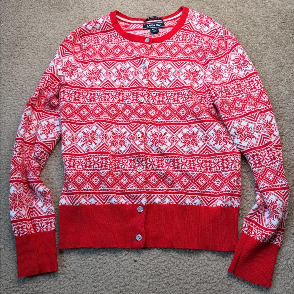 Lands' End Festive Red and White Women's Cardigan